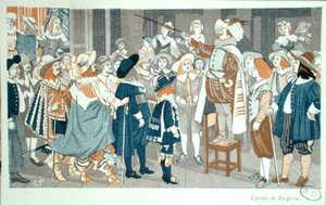 在勃艮第酒店的鼻子演讲，埃德蒙-罗斯坦（1868-1918）的《西拉诺-德-贝尔热拉克》插图，约1905年（彩色平印）。 作者 法语学校