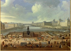 从多芬广场、Quai Malaquais、四国学院、大画廊和卢浮宫的入口处看到的新桥。 匿名绘画 作者 法语学校