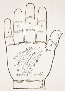 右手，主线，来自Chiromantia的插图副本，由Ioannes ab Indagine，1531年，用于19世纪后期出版的“魔法史” 作者 法语学校