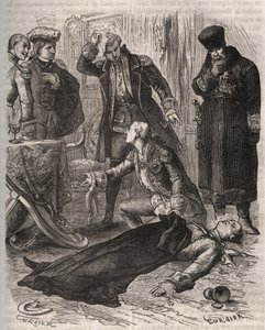 俄罗斯皇帝彼得三世（1728-1762）被分配到一个住所，1762年7月17日，他被刚刚推翻他并掌权的妻子凯瑟琳二世下令刺杀，凶手是阿列克谢-奥尔洛夫（1737-1808）和他的卫兵。1871年的雕刻，载于《Histoire De》。 作者 法语学校
