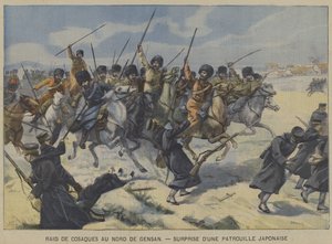 The Russo-Japanese War: Cossacks surprising a Japanese patrol in a raid north of Gensan, Korea (colour litho) 作者 法语学校