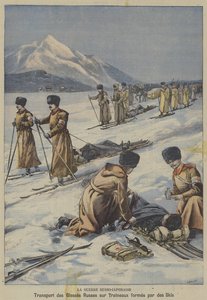 日俄战争：用滑雪板制成的雪橇运送受伤的俄罗斯士兵（彩色平版印刷）。 作者 法语学校
