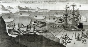 与爱斯基摩人的造船联盟，来自Bacqueville de La Potherie（1663-1736）的“Histoire de l&39;Amerique Septentrionale”，于1753年出版 作者 法语学校