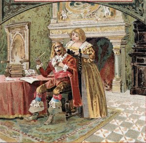 Beringhen陛下和Fargis夫人密谋反对黎塞留（Armand Jean du Plessis，黎塞留红衣主教（1585-1642），路易十三的大臣，在Azay-le-Rideau（Azay le Rideau）城堡（Indre-et-Loire）。19世纪末的彩色石版画 作者 法语学校