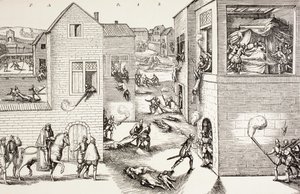 1572年8月的圣巴塞洛缪日大屠杀，来自中世纪的“军事和宗教生活”，由Paul Lacroix出版，出版于伦敦，1880年 作者 法语学校