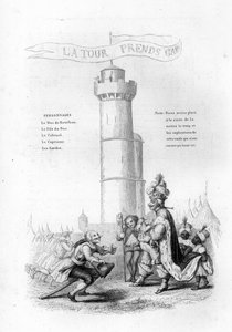 The Tower is careful. A colonel with a gun comes down to the king, followed by pages. Engraving in “” Chants et chansons populaire de la France””, Tome 2 作者 法语学校