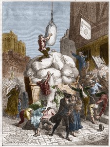 面粉之战。1775年左右，巴黎的面包店遭到掠夺（法国大革命时期的第一次）（雕刻）。 作者 法语学校