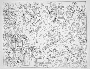 The Witch Sabbath，图片来自Tableau de linconstance des mauvais anges by Pierre de Lancre，1612年巴黎，用于19世纪后期出版的“魔法史” 作者 法语学校