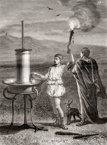 The ancient Greek hydraulic semaphore system being used by Aeneas to send a message, 4th century BC, from Les Merveilles de la Science, published c.1870 (engraving) 作者 法语学校