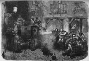 1870年12月28日，西班牙将军和政治家胡安-普里姆-普拉特（Juan Prim y Prats，1814-1870）在离开议会时，在马德里的德尔图尔科大街被暗杀。1871年2月25日《世界画报》第724期上的版画。 作者 法语学校