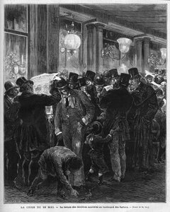1877年5月16日的危机：在巴黎的意大利人大道上阅读最新消息。这场法国政治危机是由麦克-马洪（Mac-Mahon）批评议会主席儒勒-西蒙的态度而引起的，后者最终将恢复 作者 法语学校