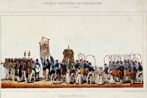 1840年6月25日在斯特拉斯堡举行的工业游行中，啤酒商和酿酒商的舞蹈。西蒙的石版画 作者 法语学校