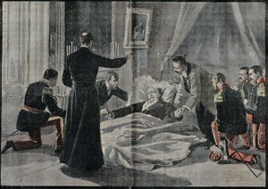 法国总统费利克斯-福尔（1841-1899）去世，阿贝-雷诺为他开脱。1899年2月26日 "Le Pelerin "上的版画。 作者 French School