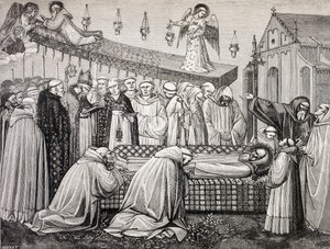 蒙特卡西诺修道院的圣本尼迪克特的死亡，来自中世纪的“军事与宗教生活”，由Paul Lacroix出版，出版于伦敦，1880年 作者 法语学校