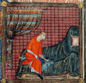 梦想，细节：情人礼服。 Jean de Meun、Jean de Meung 或 Jean Chopinel，Jean Clopinel (v.1240-1305)，约 1370 年的“罗马德拉玫瑰”微型图。尚蒂伊，孔德博物馆 作者 法语学校