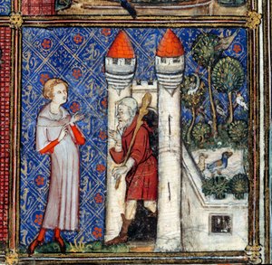 梦想，细节：情人之家门前的情人。 Jean de Meun、Jean de Meung 或 Jean Chopinel，Jean Clopinel (v.1240-1305)，约 1370 年的“罗马德拉玫瑰”微型图。尚蒂伊，孔德博物馆 作者 French School