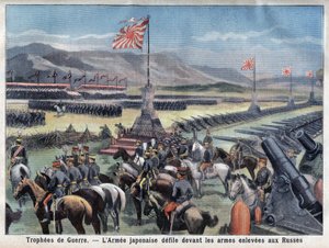 日俄冲突结束，日本胜利的军队坐在俄罗斯武器接管前，在“小巴黎”，24/06/1906（雕刻） 作者 法语学校