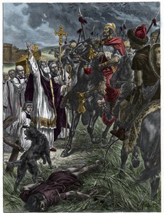 The eveque Saint Loup of Troyes arretes Attila king of the Huns before Troyes - Barbarian Invasions - Engraving after the painting of H. Grobert. 作者 法语学校