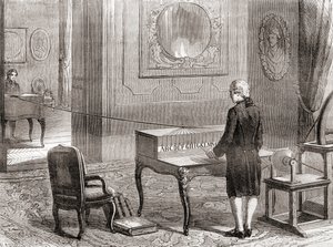 Georges-Louis Le Sage于1774年发明的电报机的首次演示，摘自《科学的奇迹》，约1870年出版（雕刻）。 作者 法语学校