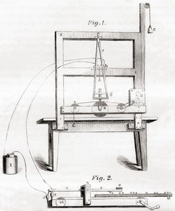塞缪尔·莫尔斯 (Samuel Morse) 于 1837 年发明的第一台电报，来自 Les Merveilles de la Science，约 1870 年出版（雕刻） 作者 法语学校