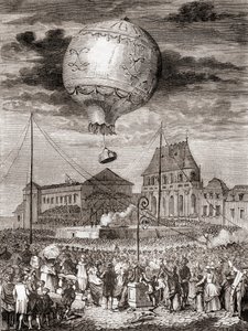1783 年 9 月 19 日，法国国王路易十六和玛丽·安托瓦内特王后在法国凡尔赛的 Montgolfier 兄弟驾驶的 Aérostat Réveillon 飞行，来自 Les Merveilles de la Science，出版于 1870 年（版画） 作者 法语学校