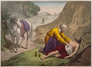 好的撒玛利亚人，来自教理问答LHistoire Sainte的插图，由巴黎的Charles Delagrave出版，19世纪末期 作者 法语学校