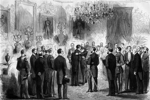 瑞典国王奥斯卡二世（1829-1907）在斯德哥尔摩皇宫接见了探险家尼尔斯-阿道夫-埃里克（Eric）男爵诺登斯基（Nordenskjold）（1832-1901）和帕兰德中尉。1878年，诺登斯基尔德从大西洋进入太平洋。 作者 法语学校