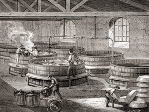 19 世纪用大罐制造肥皂，选自《科学的奇迹》，约 1870 年出版（雕刻） 作者 法语学校
