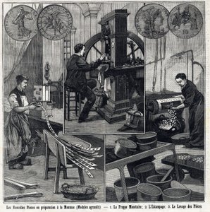 准备中的法国新币有硬币和制造阶段（货币打字、盖章和洗币）。在 "小巴黎人 "中 作者 法语学校