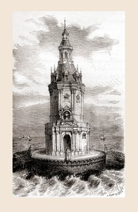 原始的 17 世纪 Cordouan 灯塔，靠近法国吉伦特河口，出自《科学科学》（Les Merveilles de la Science），出版于 1870 年（雕刻） 作者 法语学校