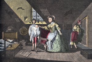 陷入通奸的虔诚裁缝。卡贝奇1768年在 "Lire Et Galanterie "中的雕刻作品。由约翰-格兰德-卡特雷指导的《加兰特图片周刊》收藏。1903-1904. 作者 法语学校