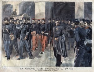 The postmen strike: soldiers and municipal guards charged with the distribution of letters in Paris. Engraving of 1899 in “” La petite Gironde”” 作者 法语学校