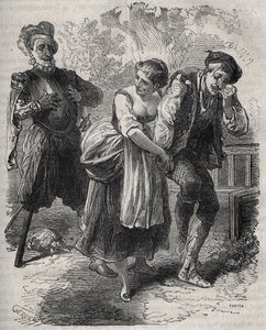 马丁-盖尔（约1524年约1560年）的回归：他出现在他的妻子贝特兰德-德-罗尔斯和篡夺他身份的人--冒牌货阿尔诺-杜-蒂尔（Thil）面前。1871年亨利-德-科克（Henry de Kock）在 "Histoire Des Cocus Celebres "中的雕版画（1819）。 作者 法语学校
