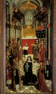 路易十二（1462-1515）于1498年5月27日在兰斯大教堂举行的圣会 16世纪法国画派的木画。1501.尺寸。1,95x0,5米。巴黎，国家中世纪博物馆，克吕尼宫。 作者 法语学校