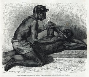 The size of the teeth in the Okanda, drawing by D. Maillard, to illustrate the story of a trip to Gabon and the Ogoue River in 1875-1877, by Alfred Marche. Engraving in Le tour du monde 作者 法语学校