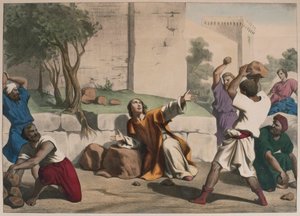 圣斯蒂芬的石刻，来自教理问答LHistoire Sainte的插图，由巴黎的查尔斯德拉格雷夫出版，19世纪末期 作者 法语学校