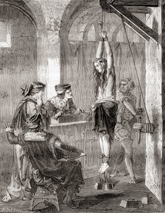 Les Merveilles de la Science 对中世纪被控施巫术的妇女的酷刑，出版于 1870 年（石版画） 作者 法语学校