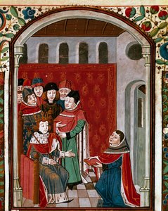 译者 John de Meung（或 Clopinel 或 Chopinel）（1240-1305）将他的作品捐赠给了美丽的菲利普四世国王（1268-1314）。 取自拉丁哲学家 Boece (Boetius) (475-520) 的“De Consolatione Philosophiae”的缩影，由 Jean d 翻译 作者 法语学校