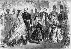1864年，德国基森根的水季。礼物，从左到右。维特尔斯巴赫的伊丽莎白（Sissi）（1837-1898）奥地利国母，亚历山大二世（1818-1881）俄罗斯皇帝，路易二世（1845-1886）巴维尔国王，玛丽亚-亚历山德罗夫娜（名玛丽-奥巴马）。 作者 法语学校