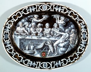 Psyche Oval Plat 的婚宴盛宴，珐琅彩绘在法国学校的铜上。 1560 巴黎，卢浮宫 作者 法语学校