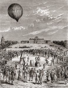 世界上第一个氢气球，于 1783 年在法国巴黎的香榭丽舍大街上空发射，来自 Les Merveilles de la Science，出版于 1870 年（雕刻） 作者 法语学校