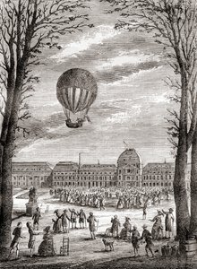 1783 年 12 月 1 日，尼古拉斯-路易-罗贝尔和雅克-夏尔教授驾驶世界上第一个载人氢气球飞越法国巴黎香榭丽舍大街，摘自《科学的奇迹》，约 1870 年出版（雕刻）。 作者 法语学校