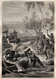 这些都是如此接近提供的.....:詹姆斯-库克船长（1728-1779）1769年对新西兰的航行--新西兰的自然人在库克的船员接近海岸时对他们进行攻击--插图来自 "18世纪的伟大航海家" 作者 法语学校