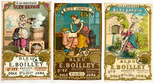 Bleu de E. Boilley品牌洗衣粉的三个标签，1878年 作者 法语学校