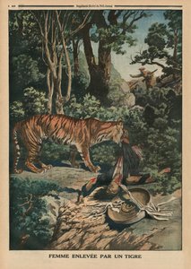 老虎攻击一名妇女，封面插图来自&39;Le Petit Journal&39;，补充illustre，1914年3月15日 作者 法语学校