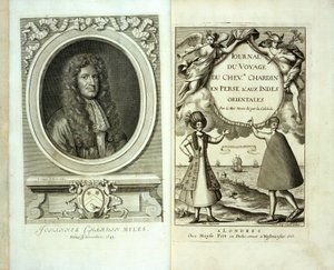 1686年Jean Chevalier Chardin在波斯和东印度群岛的Chevalier Chardin旅行的标题页和正面肖像 作者 法语学校