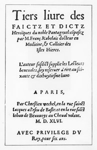 弗朗索瓦-拉伯雷的《Le Tiers livre des Faicts et Dicts Heroique du Bon Pantagruel》扉页（雕刻）。 作者 法语学校
