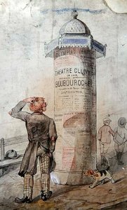 流浪汉看着Courteline的戏剧《Boubouroche》的广告海报（纸上水彩画） 作者 法语学校