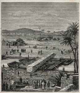 Transport of the obelisk of Ptolemee Philadelph (Ptolemaios Philadelphos) (Ptolemee II) on the Nile to Alexandria - Engraving in “” Sciences available to all - Popular physics and chemistry”” by Alexis Clerc - End 19th century - Private collection 作者 法语学校