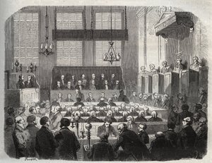 1856年5月在中央刑事法院对威廉-帕尔默的审判，罪名是在鲁格利向约翰-帕森斯-库克投毒（雕刻）--1856年威廉-帕尔默在伦敦中央刑事法院受审--Armand Fouqui的 "Causes celebres de touspeuples "中的雕版画 作者 法语学校